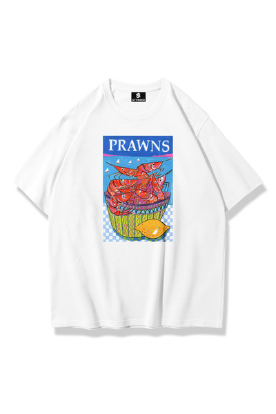 STYKEER Unisex Oversized T-Shirt "Prawns" Printed Loose Fit White T-Shirt