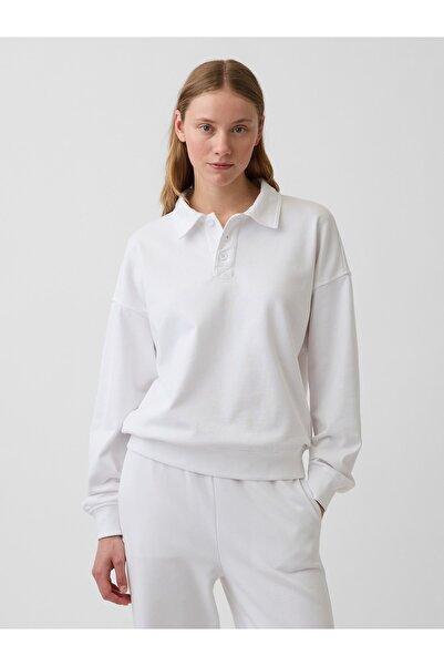 GAP Kadın Beyaz Fransız Havlu Kumaş Oversized Polo Sweatshirt