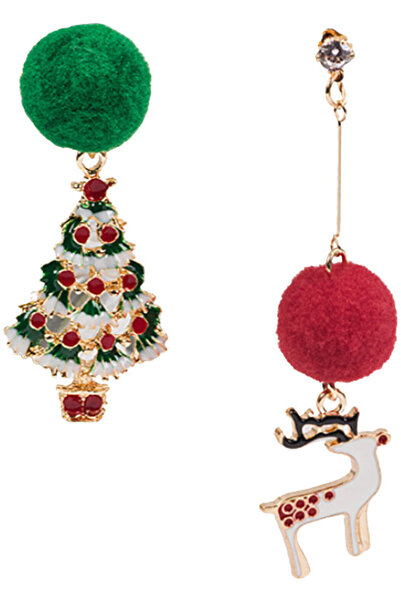 VeeShop Cercei de Craciun asimetrici, bradut decorat, ren, pompom si cristale