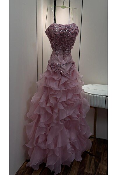 FASHION Pink Fluffy Dress Sleeveless Beaded Top and Oversized Skirt with Luxu...