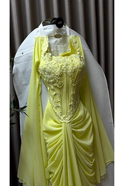 FASHION فستان أصفر مشرق بتصميم كورسيه مموج ورباط أمامي، مع أكمام كاب واسعة وم...