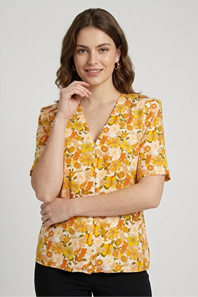 SANDRO Women V Neck Floral Print Short Sleeve Blouse, Multicolor