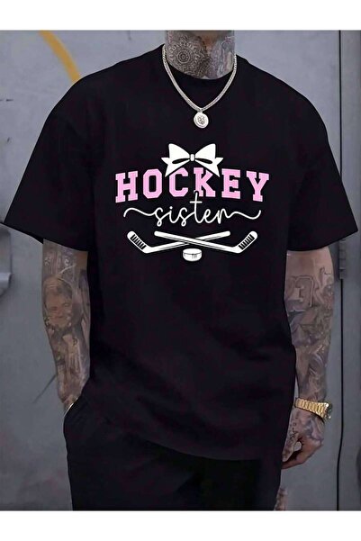 4CR تي شيرت Player Sister Ice Hockey Sis للنساء والرجال باللون الأسود برقبة د...