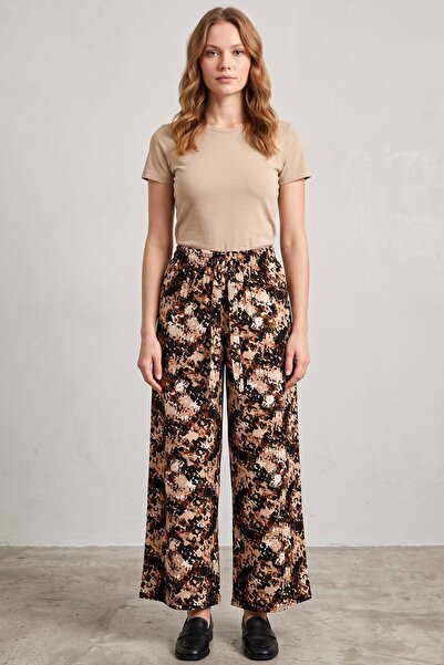 hadiora Women's Black Beige Patterned Wide-Leg Trousers - High-Waisted Atlas ...