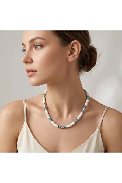 K&A Luxury Nazar Boncuklu Fimo Kolye Turkuaz Detaylı Beyaz Choker Takı