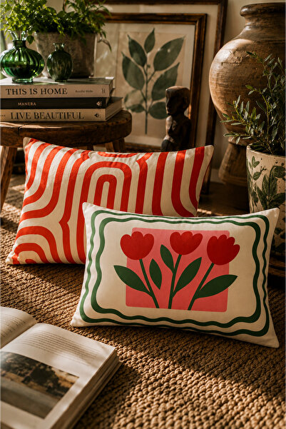 SasoHome Retro Modern 2'li Kırlent Kılıfı 35x55 cm Çiçek ve Geometrik Desenli Dekoratif Yastık Kılıfı