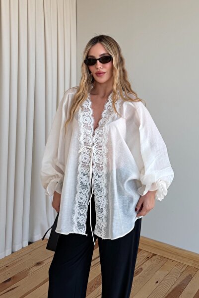Laluvia Off-White Lace Transparent Blouse - 5108
