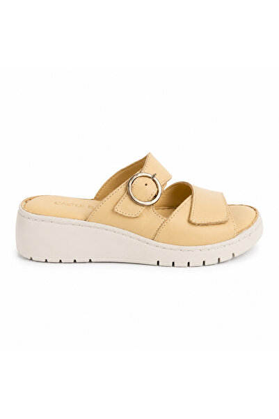 Castle Black Comfortable Daily Use Genuine Leather Women's Beige Slippers