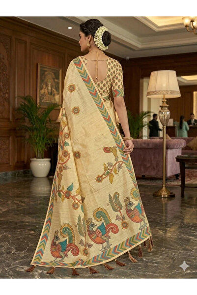 MYSMAR Cream Kalamkari Print Linen Saree - KTZ8306 | Cream