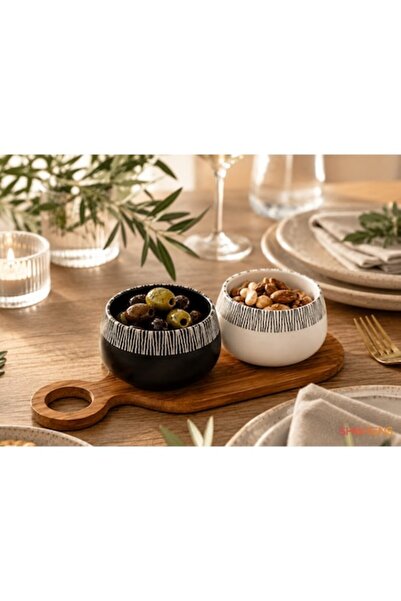 SHOPIENS Platou de aperitive din bambus cu 2 boluri ceramice, tavă alb-negru ...