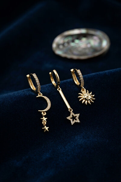 evimdeyokyok Set of 3 Moon, Star and Sun Model Gold Color Women's Earrings Tj...
