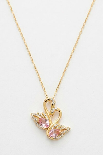 Jaida Moda Women's Gold Color Double Swan Pink Zircon Stone Stainless Steel N...