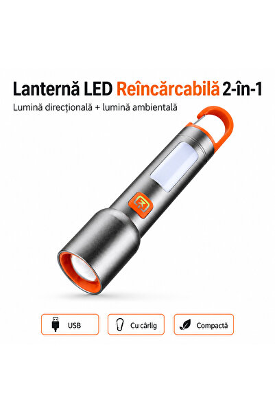 iTin Lanterna LED reincarcabila 2-in-1, cu carlig, lumina directionala si amb...