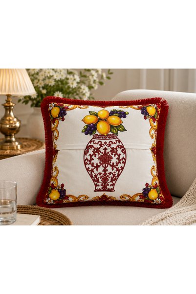 sue collection Lemon & Grape Patterned Red Tassel Decorative Throw Pillow Cover 43X43 cm