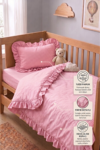 Miruza Ev Tekstili Vintage Ruffled Baby Bedding Set |   100% Cotton Gingham Patterned |   100X150 cm Duvet Cover, 35X45 cm Pillowcase and Fitted Sheet