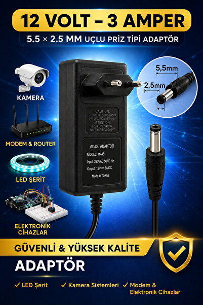 nelerbulurum 12 VOLT 3 AMPER Adaptör 5.5*2.5 MM LEDLİ – LED Şerit, Güvenlik K...
