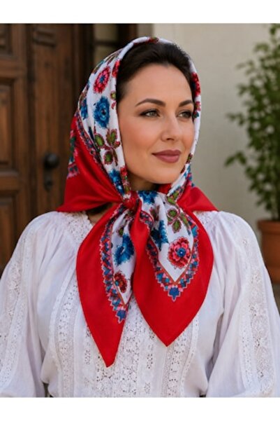 OEM Eșarfă tradițională pentru femei 90X90CM Model roșu cu imprimeu floral