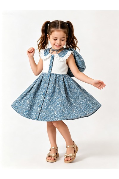 Gocoland Rosalie Lace Collar Paisley Patterned Girls' Dress & Hat Set