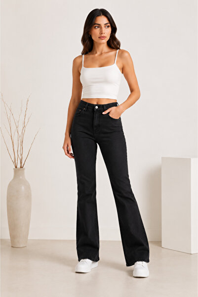 Parla Jeans بنطلون جينز نسائي أسود من الليكرا بقصة واسعة من الأسفل