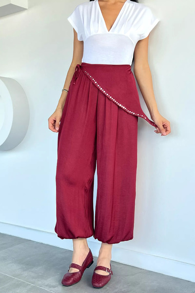 Aryena Burgundy Women's Bandana Satin Shalwar Trousers