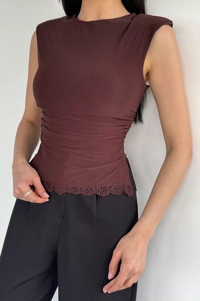 Aryena Brown Women's Blouse with Padded Shoulders and Gathered Sides with Lac...