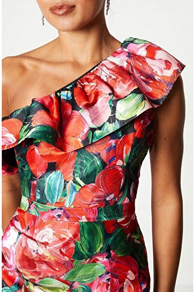 NO BRAND Rochie midi asimetrică, cu model multicolor, cu volane decorative, C...