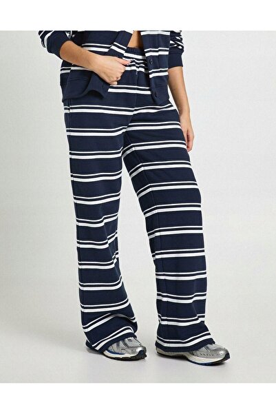 NO BRAND Pantaloni de trening bleumarin cu dungi imprimate, talie elastică, c...
