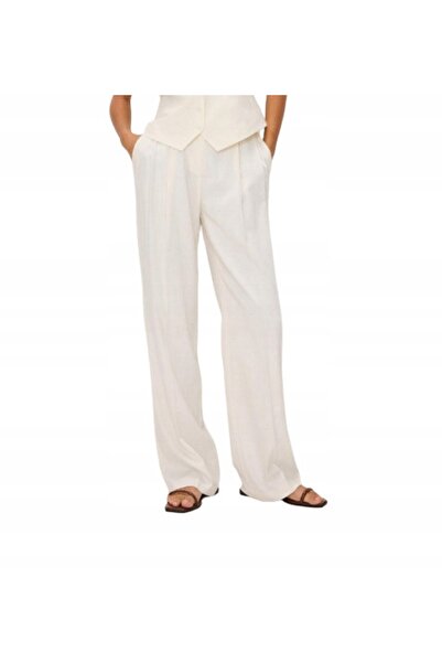 NO BRAND Pantaloni largi ecru cu imprimeu litere, buzunare clasice, talie îna...
