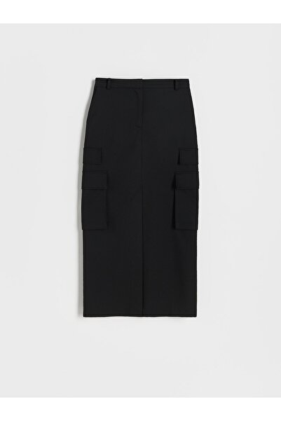 NO BRAND FUSTĂ MIDI NEAGRĂ DIN CREP, CU VISCOZĂ, BUZUNARE CARGO ȘI FERMOAR XS