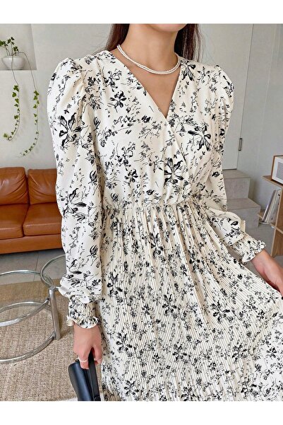 NO BRAND Rochie de cocktail midi plisată crem cu imprimeu floral Dazy 36