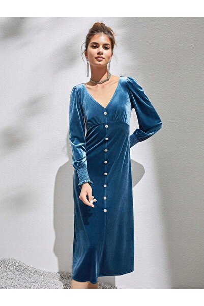 NO BRAND Rochie midi din catifea albastră cu decolteu în V, cu nasturi decora...