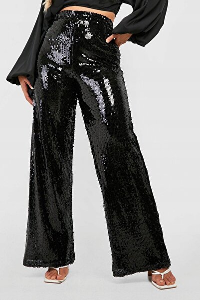 NO BRAND Pantaloni negri cu paiete, lungi, cu croială largă, talie înaltă, Bo...
