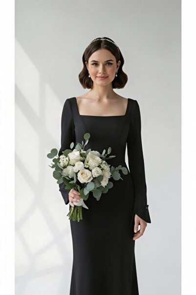 ENDAMIM Kare Yaka Yırtmaç Kol Balık Nikah & Nişan Elbisesi – Beyaz, Uzun Koll...