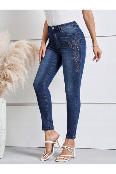 NO BRAND Blugi pantaloni slim albastru marin cu talie înaltă, broderie și str...