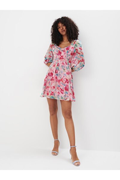 NO BRAND Rochie mini cu guler în formă de inimă, imprimeu colorat, mâneci buf...