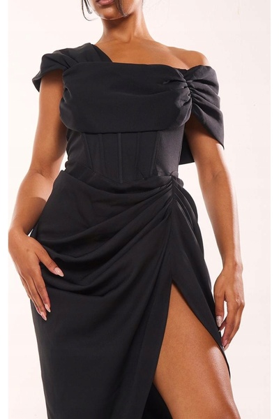 NO BRAND Rochie midi neagră, încrețită, asimetrică Prettylittlething 42