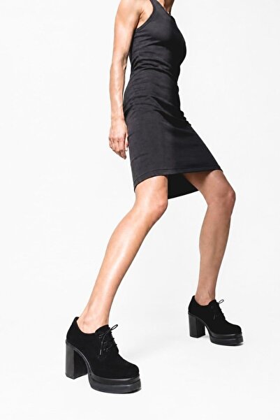 inizio Black Suede Thick Heeled Shoes P9092