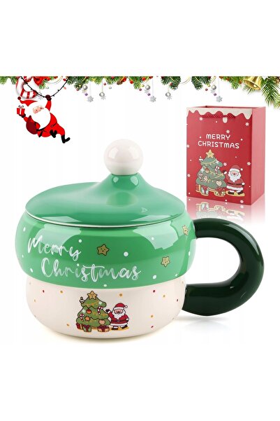 NO BRAND Cană ceramică de Crăciun cu capac și linguriță - Brad de Crăciun 350 ml