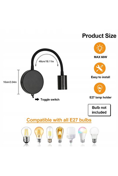 NO BRAND Lampă de perete neagră cu design modern, 2 bucăți, reglabilă, E27, p...