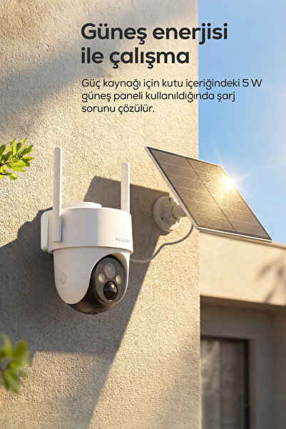 Meari N2 Dış Mekan Kablosuz Wi-Fi PTZ Dahili Solar Şarjlı Akıllı Güvenlik Kamerası | 2K, 3MP, 5200mAh, Gece Görüşü, Çift Yönlü Ses