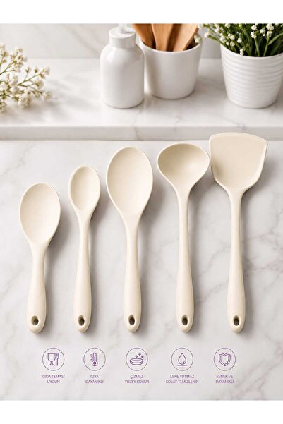 elfnur 5 Parça Isıya Dayanıklı Yanmaz Yapışmaz Silikon Kepçe Spatula Kaşık Se...