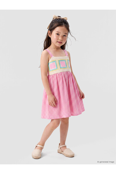 LC Waikiki Trendlucky Square Neck Plaid Girls' Crinkle Dress with Difference