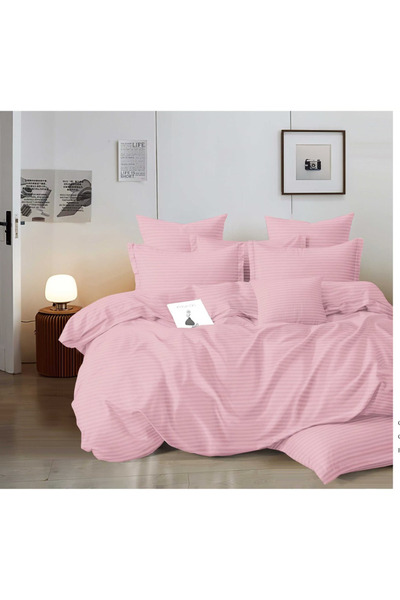 OEM Lenjerie de Pat Damasc Roz cu Dungi, 6 Piese, Cearceaf cu Elastic - Cearc...