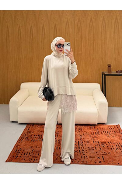 demet's collection Nevra Dantel Detaylı Alt-üst Relax 3'lü Takım