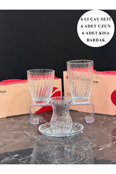 isra kristal 24 Parça Lüks Cam Bardak Takımı - 6 Kişilik Çay Seti + Meşrubat ...
