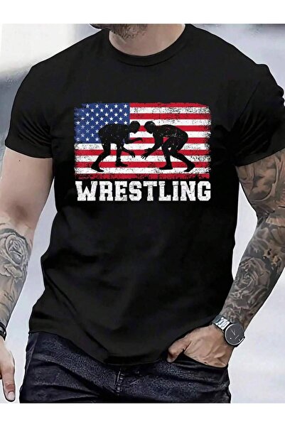 799 100% Cotton Grunge American Flag Wrestler Amateur Wrestling T-Shirt Men's...