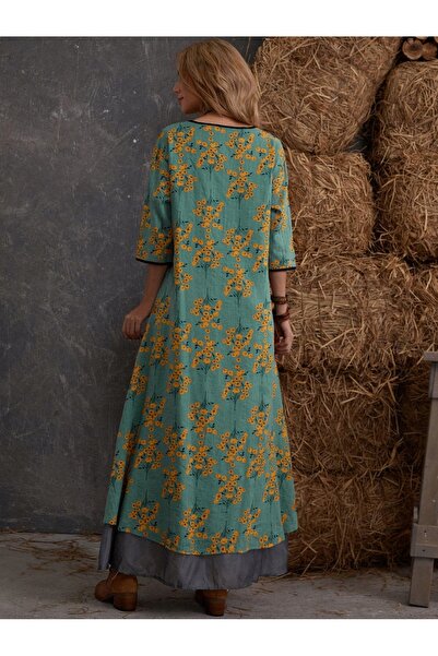 NO BRAND Rochie verde lejeră cu imprimeu floral, galbenă, stil boho, maxi, cu...
