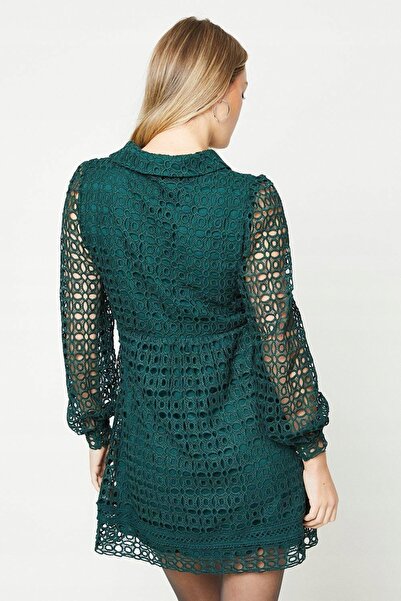 NO BRAND Rochie verde mini cu mâneci lungi și guler, simplă, Oasis 40