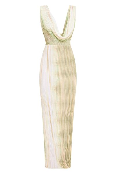 NO BRAND Prettylittlething Rochie Maxi cu 40 Pliuri, Decolteu Adânc, Spate De...