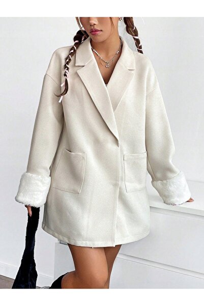 NO BRAND Blazer lejer bej cu nasturi, mâneci lungi, cu blană, Shein 36